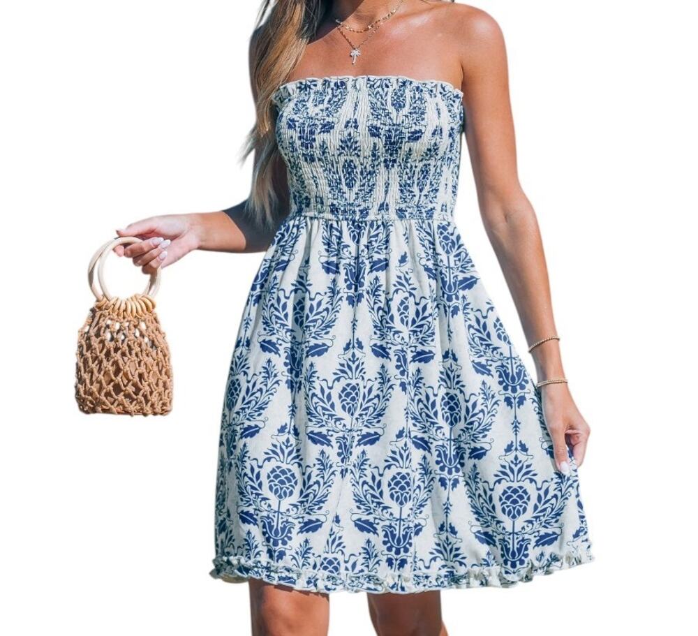 Cupshe Blue & White Damask Mini Tube Dress Size Large